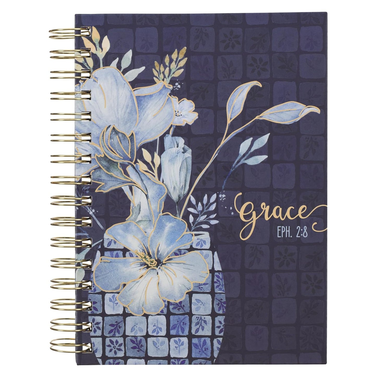 JOURNAL: GRACE (EPH. 2:8) BLUE (CHECKERED FLORAL COLLECTION) SPIRAL HARDCOVER