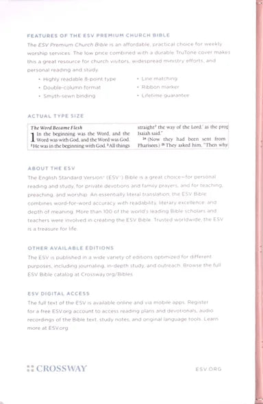 B ESV PREMIUM CHURCH BIBLE BLUSH ROSE
