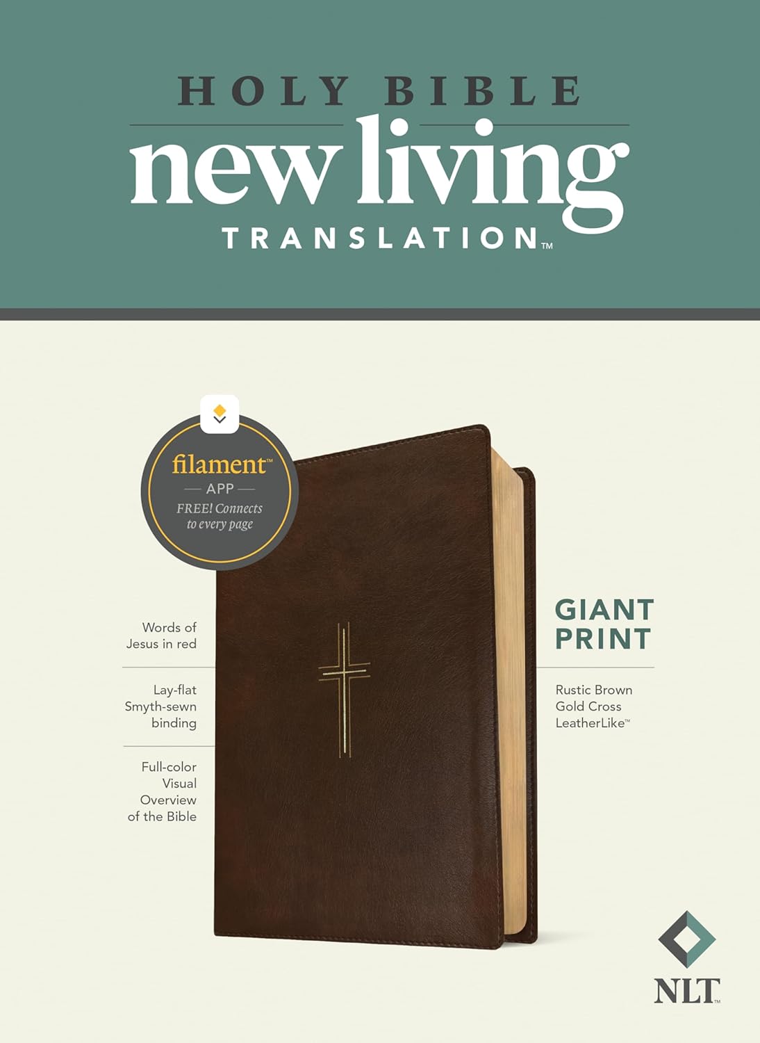 NLT GIANT PRINT BIBLE FILAMENT-ENABLED RUSTIC BROWN GOLD CROSS (RED LETTER EDITION)