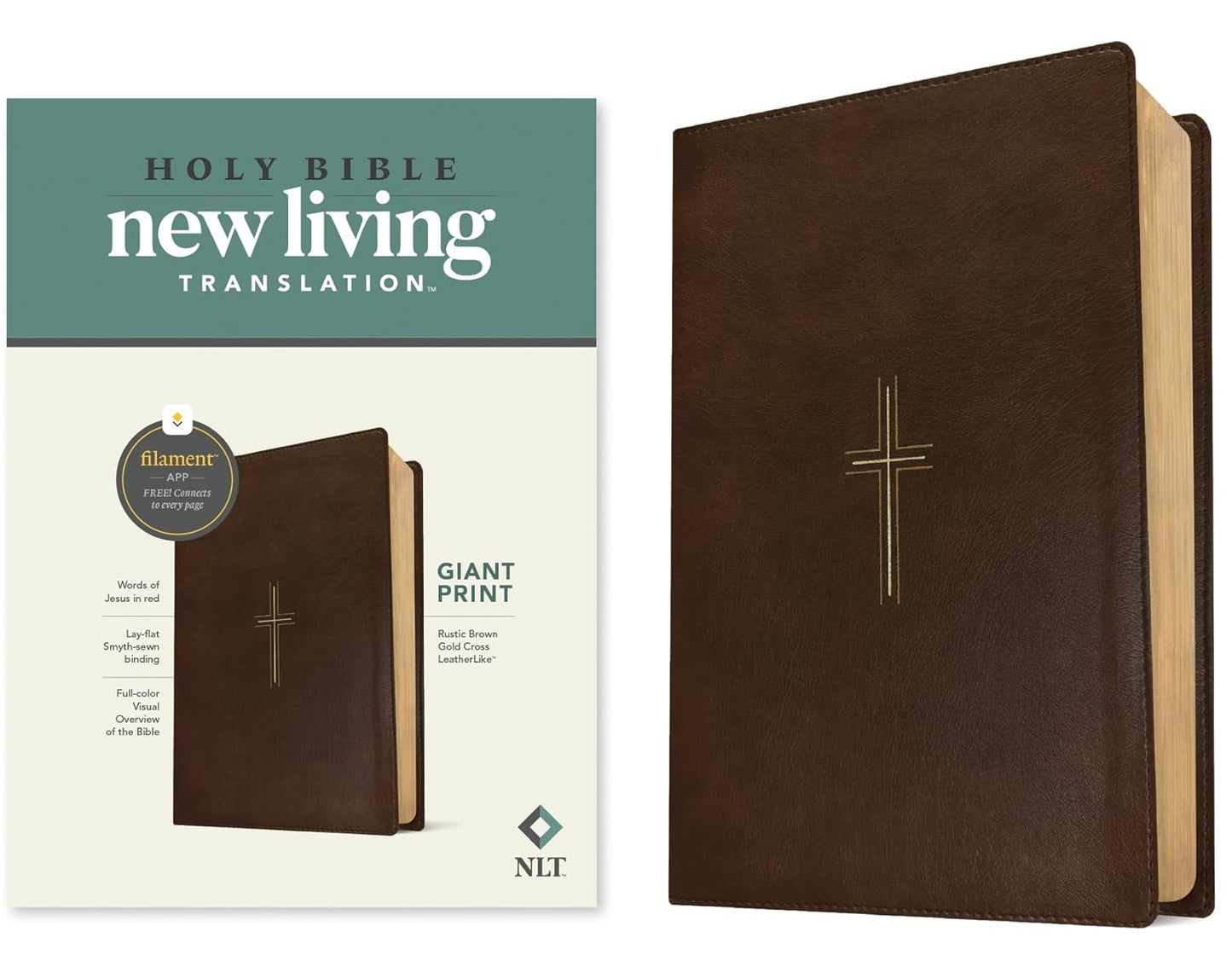 NLT GIANT PRINT BIBLE FILAMENT-ENABLED RUSTIC BROWN GOLD CROSS (RED LETTER EDITION)