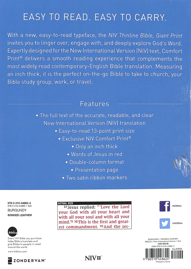 B NIV THINLINE BIBLE GIANT PRINT BURGUNDY (RED LETTER EDITION)