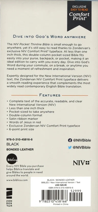 B NIV POCKET THINLINE BIBLE BLACK (RED LETTER EDITION)