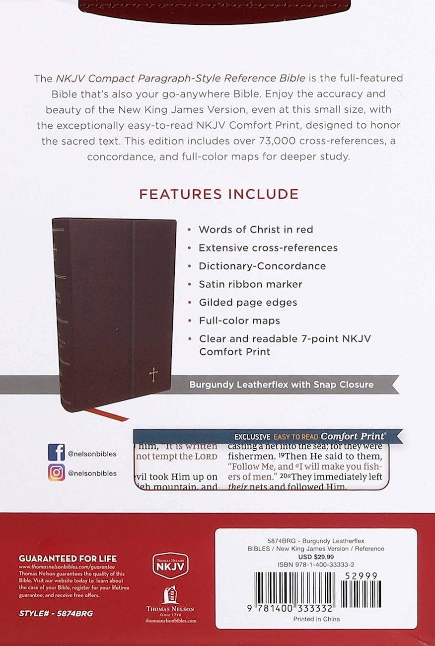 B NKJV COMPACT PARAGRAPH-STYLE REFERENCE BIBLE BURGUNDY (RED LETTER EDITION)