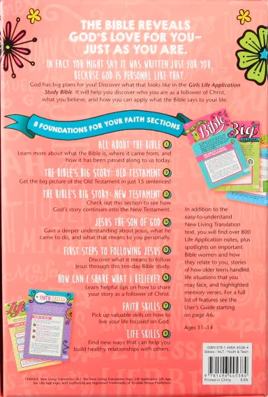 B NLT GIRLS LIFE APPLICATION STUDY BIBLE TEAL/PINK FLOWERS (BLACK LETTER EDITION)